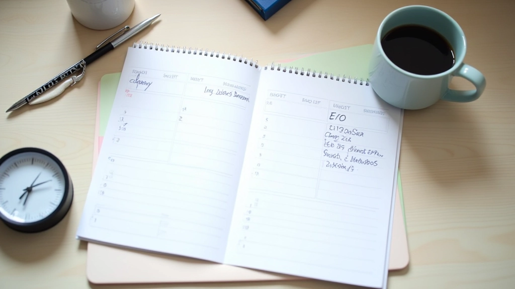 Calendrier ouvert avec des dépenses écrites, tasse de café à côté