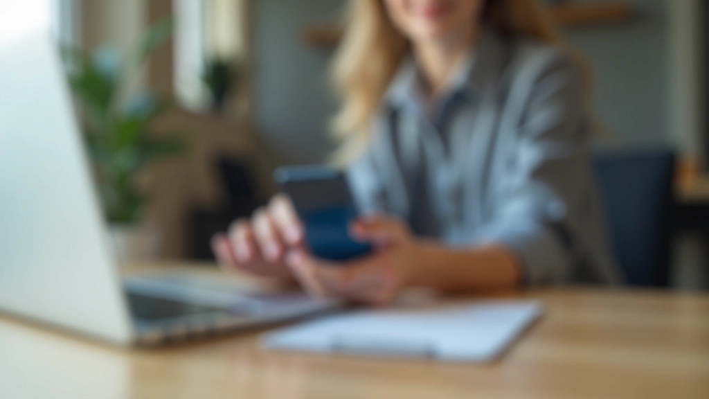 Jeune adulte tenant une carte bancaire et un téléphone, assis à un bureau avec un ordinateur portable