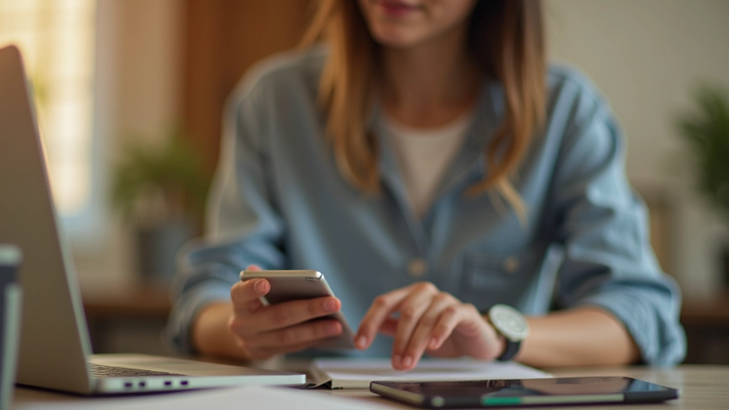 Jeune adulte avec téléphone et portefeuille, travail sur ordinateur portable à domicile